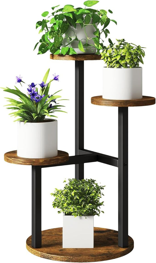 IBUYKE 4 Tier Plant Stand Indoor, Metal Wood Plant Shelf for Multiple Plants, Small Tiered Corner Flower Pot Stand for Living Room Patio Balcony Garden, Rustic Brown TMJ073H