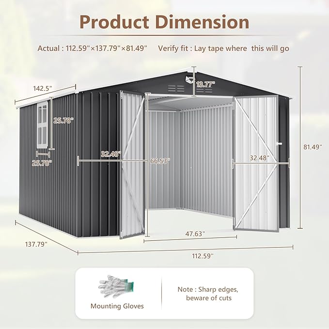 10x12 FT Outdoor Storage Shed, Metal Sheds & Outdoor Storage, Waterproof Sheds with Lockable Doors for Backyard