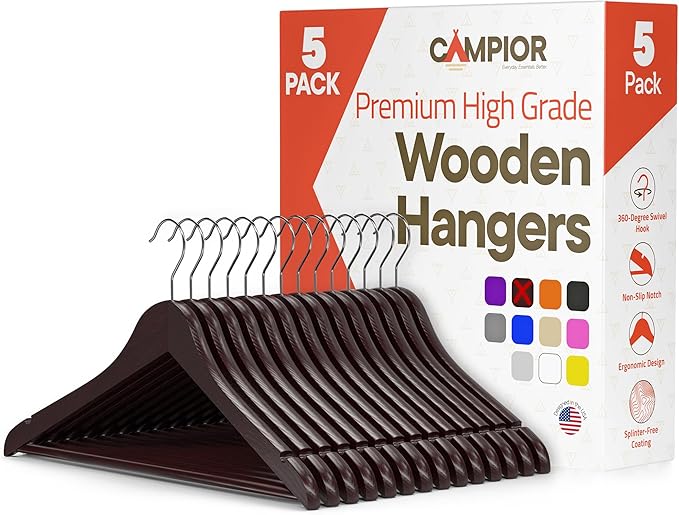 Cherry Wooden Hangers 5 Pack – Heavy-Duty with 360° Swivel Hook, Non-Slip, Pants Bar & Shoulder Grooves - Wooden Hangers for Suits, Jackets, Dresses & Camisoles, Space-Saving and Smooth Finish