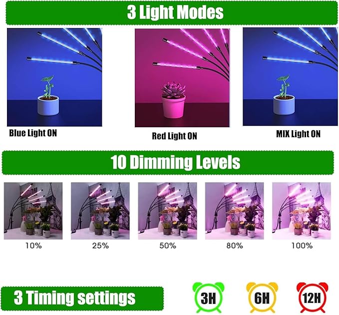 Grow Light for Indoor Plants 12-65 Inches Height Adjustable Plant Growing Lamps 5 Heads Red Blue Full Spectrum LED Auto On/Off Timer (Full Spectrum, Five Heads)