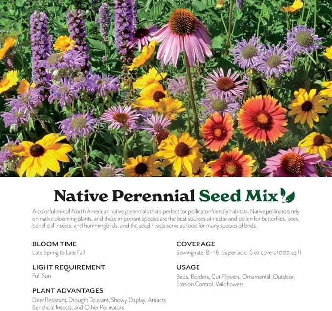 Grow Your Own Vibrant Annual and Perennial Wildflower Garden Seeds Mixture, Varieties for Pollinators and Spring Gardens - Native Perennial Mix, 1/4 lb