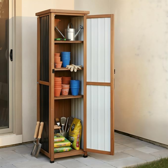 62" H Narrow Outdoor Storage Cabinet with Metal Top, Outdoor Indoor Storage Cabinet Waterproof with Adjustable Shelves for Corner, Patio, Garden, Porch, Laundry Room or Entryway Storage