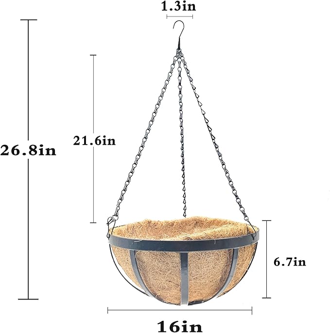 4pcs 16 inch Metal Hanging Baskets Round Wire Plant Stand with Coco Lining Cushion Decorative Planter Hanger Garden Indoor Outdoor Watering Hanging Basket （BT）