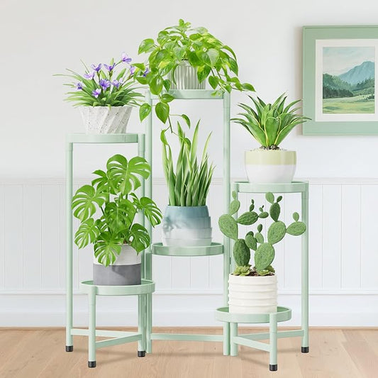 iDavosic.ly Plant Stand Indoor Outdoor, 6 Tier Corner Metal Flower Display Holder Shelf, Easy Assembly Folding Tall Orchid Rack for Patio Balcony Porch Garden Living Room House, Light Green