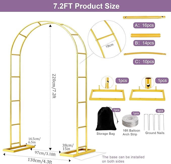 7.2FT Metal Garden Arch Trellis Arbor, Wedding Arch Stand with Steel Frame, Metal Pergola Arbor with Base for Decor Garden Trellis Climbing Plant, Bridal Party Ceremony