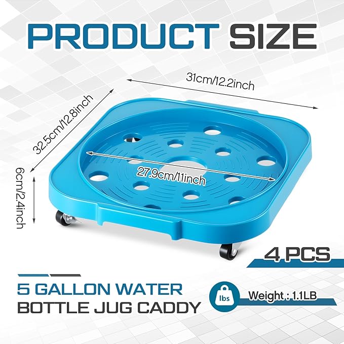 4 Pack 5 Gallon Water Bottle Jug Caddy with 4 Rolling Swivel Casters Wheels 5 Gallon Bucket Dolly for Heavy Duty Garden Flower Pot Movers, Plant Stroller, 11" Inside Diameter (Dark Blue)