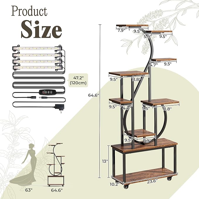 PRAISUN 65 Inch Plant Stand with Grow Light, 9 Tiered Indoor Plant Shelf with Larger Flower Holder, Music Note-shaped Stand with Top Ring Hook , Corner Plant Rack for Living Room, Rustic Brown