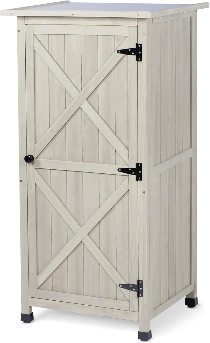 Wooden Outdoor Storage Cabinet, Vertical Garden Tool Shed with Waterproof Metal Roof & 2 Adjustable Shelves Ideal for Yard, Patio, Deck and Porch (Gray, 20" x 24" x 48")
