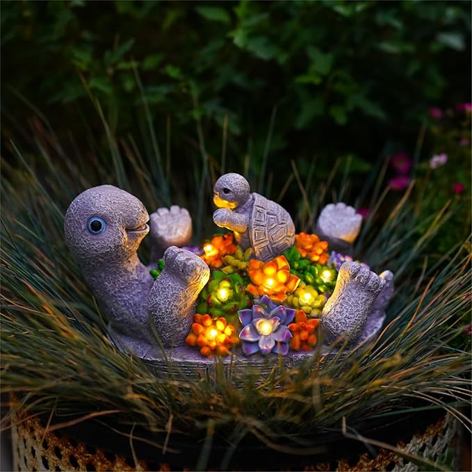 Solar Turtle Figurines Garden Decor, Cute Turtle Statue with Baby with 7 LED Solar Lights Garden Lawn Decorations for Patio & Yard, Gifts for Mom, Gery