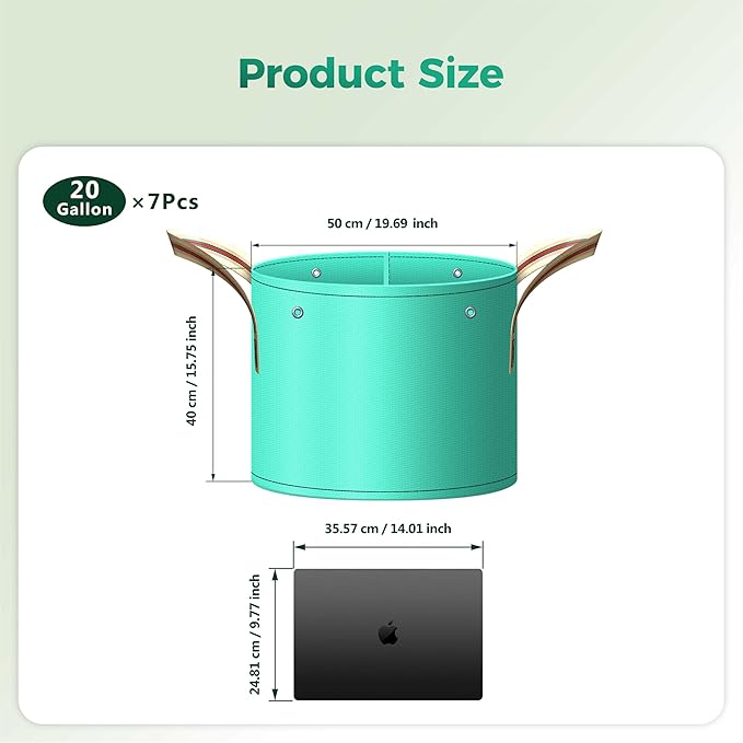 7 Pcs 20 Gallon Grow Bags, PE Garden Grow Bags for Plants with Branch-Binding Holes and Bottom Drain Holes, Ideal for Vegetables, Strawberries and Flowers