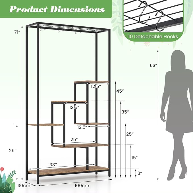 Giantex 71" Tall Plant Stand Indoor, 6-Tier Metal Plant Shelf with 10 Hanging Hooks, Multiple Potted Flower Bonsai Pots Display Rack for Indoor, Balcony, Living Room (Rustic Brown)