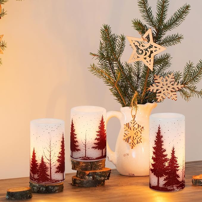 GenSwin Christmas Flameless Candles with Timer, Red Christmas Tree LED Flickering Candles Real Wax, 3 Pack Pillar Fake Candle for Winter Indoor Fireplace Christmas Decor Table(D3” x H4”5”6”)