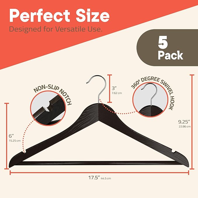 Brown Wooden Hangers 5 Pack – Heavy-Duty with 360° Swivel Hook, Non-Slip, Pants Bar & Shoulder Grooves - Wooden Hangers for Suits, Jackets, Dresses & Camisoles, Space-Saving and Smooth Finish