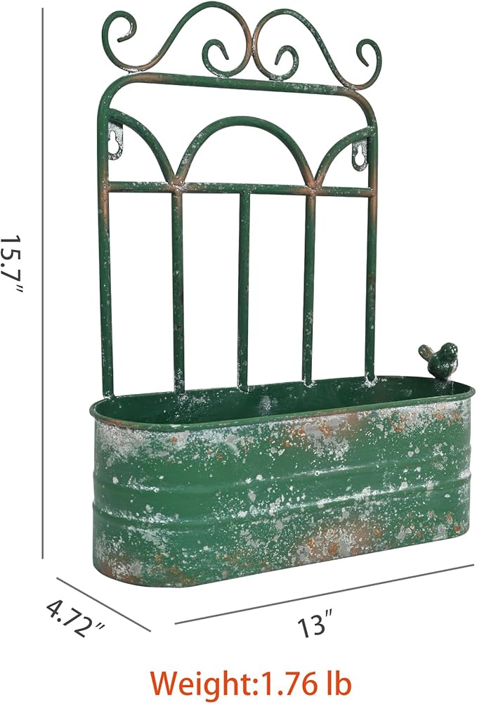 Rustic Metal Wall Planter Country Garden Wall Hanging Mount Vase Pocket Outdoor Vintage Hanging Pot Farmhouse Wall Decor for Plants Flowers (Green)