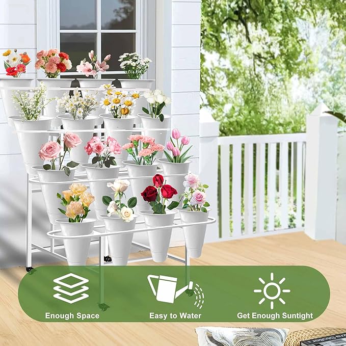 Floral Display Stand with 16 White Flower Baskets 4-Layers Cart Display Stand with Wheels ,Sturdy Mobile Flower Bouquet Rack for Courtyard, Garden, Flower Shop, with Lockable Rotating Wheels (White)