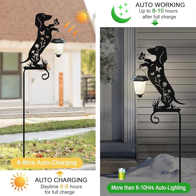 Metal Silhouette Dachshund with Solar Lanter Garden Stake,Outside Decorations for Yard,Solar Lights for Pathway,Gifts for Women