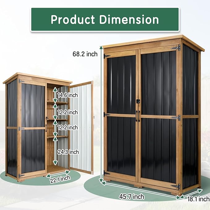 Outdoor Storage Shed with Adjustable Shelf, Wood & Metal Storage Cabinet Waterproof with Lockable Doors & Sloping Roof,Vertical Garden Shed for Patio Backyard, Tool Shed and Accessories, Brown