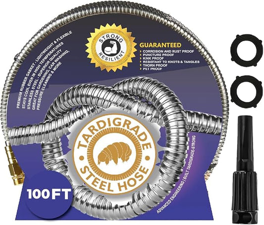 Tardigrade Metal Garden Hose 100 FT, Heavy Duty 304 Stainless Steel Water Hoses, Unmatched Durability, Flexible, No Kink & Tangle, Lightweight, Pet & Rust Proof for Outdoor Lawn Yard