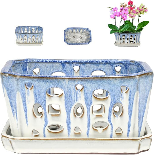 W&W Orchid Pot with Holes, Garden Pot for Orchid, Plant and Flower Pots Indoor Outdoor,Blue and White,9 Inches