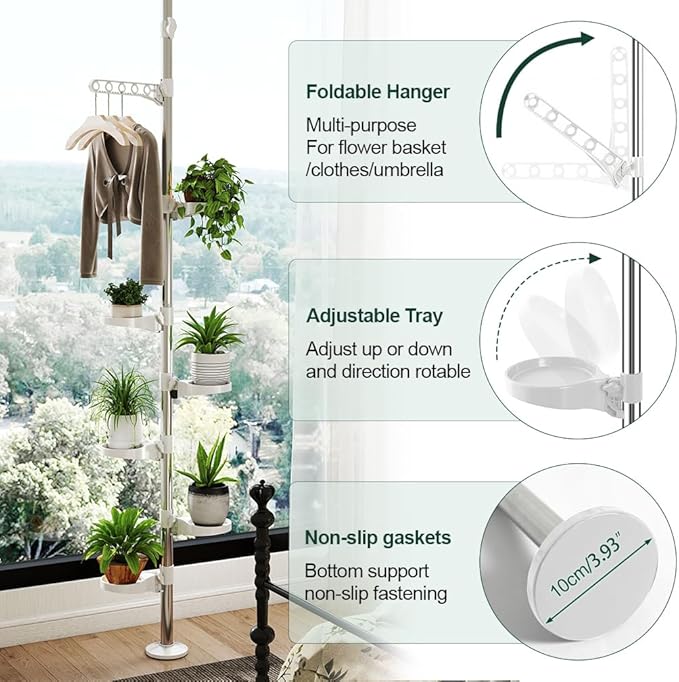 Hershii 7-Layer Tension Pole Plant Stand Indoor Decorative Display Rack Stands for Flower Pots Floor to Ceiling Adjustable Hanging Corner Shelf