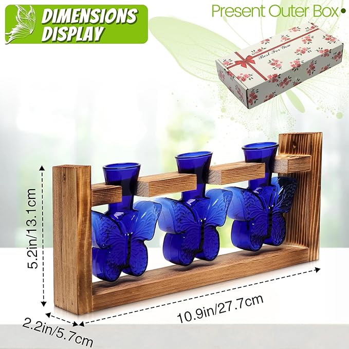 Glass Plant Propagation Station Butterfly Planter Vase with Wooden Stand Birthday Gifts for Women Mom Plant Lovers Office Home Decoration
