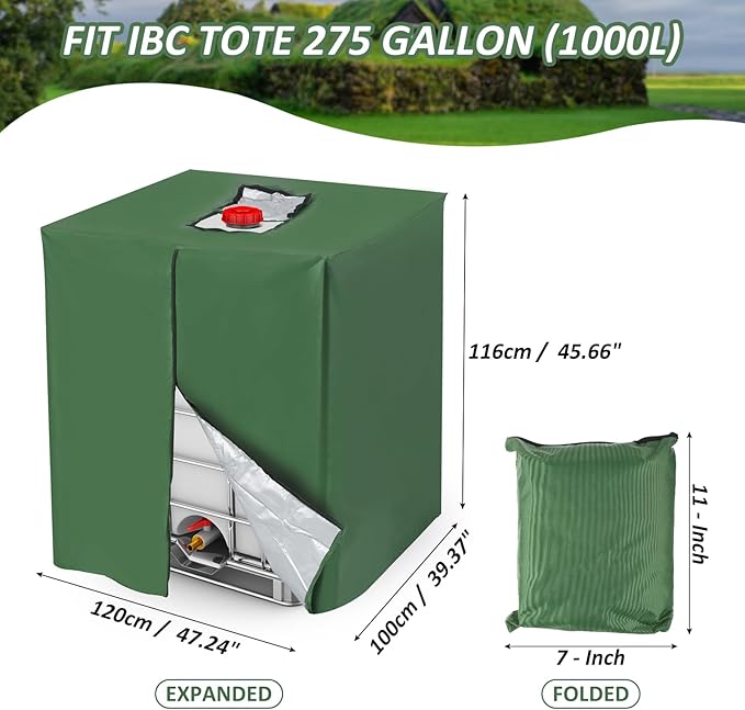 MECCANIXITY Zipper IBC Tote Cover 275 Gallon, 210D Oxford Waterproof Sunshade Rain Barrel Water Tank Protective Cover for 1000L Outdoor Garden, (39.37 x 47.24 x 45.66 Inch, Green)