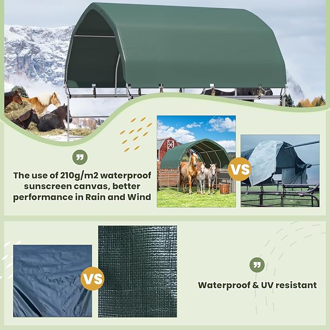 YOLENY 10'x10' Green Corral Shelter, Heavy Duty Round Style Canopy, Waterproof and UV Treated Universal Cover, Easy Assembly Stable and Agricultural Storage and Shade Shed Kit for Livestock