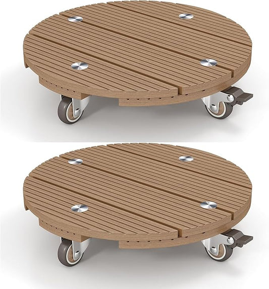 mondaria 2 Pack Plant Caddy with Wheels, 13.8" Wood Plastic Composite Plant Stand, Heavy Duty Round Plant Dolly with Metal 360° Lockable Caster Wheels for Large Plant Pots, Flower Pot ,Brown
