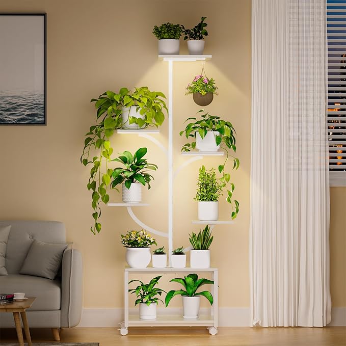 Plant Stand Indoor with Grow Lights, 60" Tall 7-Tier Corner Plant Stand for Indoor Plants Growing, Metal Tree-Shaped Display Rack for Home, Patio - White