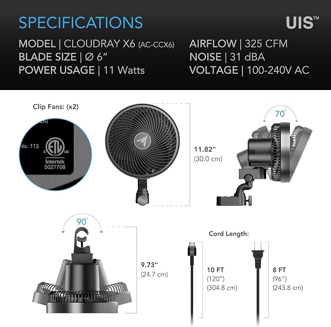 AC Infinity CLOUDRAY S6 2-Pack, Grow Tent Clip Fan 6” with Redesigned Long-Life EC Motor, Custom 10 Dynamic Wind Speeds and 10-Level Oscillation, for Hydroponics Circulation Cooling, 2-Count