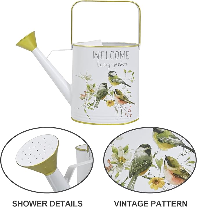 Vintage Metal Watering Can with Gold Accents & Bird Floral Welcome to My Garden Design Garden Decorative Watering Pot Farmhouse Waterer for Home Indoor Outdoor Balcony Courtyard (White)