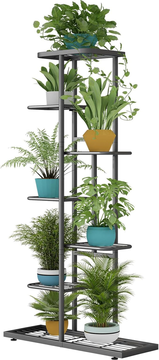 LINZINAR Plant Stand Metal 7 Tier 8 Potted Multiple Flower Pot Holder Shelf Indoor Outdoor Planter Display Shelving Unit for Patio Garden Corner Balcony Living Room, DarkGrey