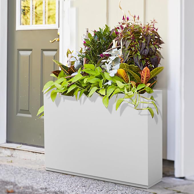 FENCY Metal Rectangular Planter Box - Large Tall Planters with Drainage Holes (35.4" L x 9" W x 25.6" H, White)
