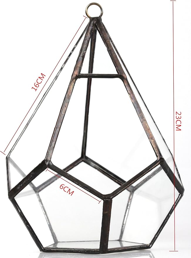 NCYP Hanging Glass Geometric Terrarium for Succulent - 6.8" x 6.8" x 8.6" Indoor Teardrop Shape Plants Planter, Tabletop Decorative Centerpiece, Black Container, Opening, Handmade (No Plants)