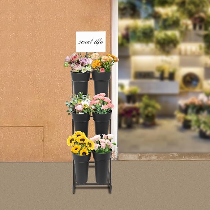 3 Tier 6 Black Bucket Flower Display Stand, Iron Decorative Flower Display Stand Indoor Outdoor Flower Cart Ladder Shelf Metal Moving Bouquet Shelf with Wheels for Garden Courtyard Florist