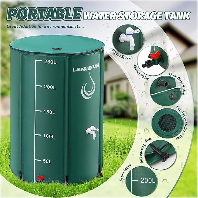LANUEVA 66 Gallon Collapsible Rain Barrel, Rainwater Collection System with 2 Spigots, Overflow Kit and 2 Hoses, Portable Water Storage Tank with Scale Mark for Garden Plant Watering, Farm Irrigation