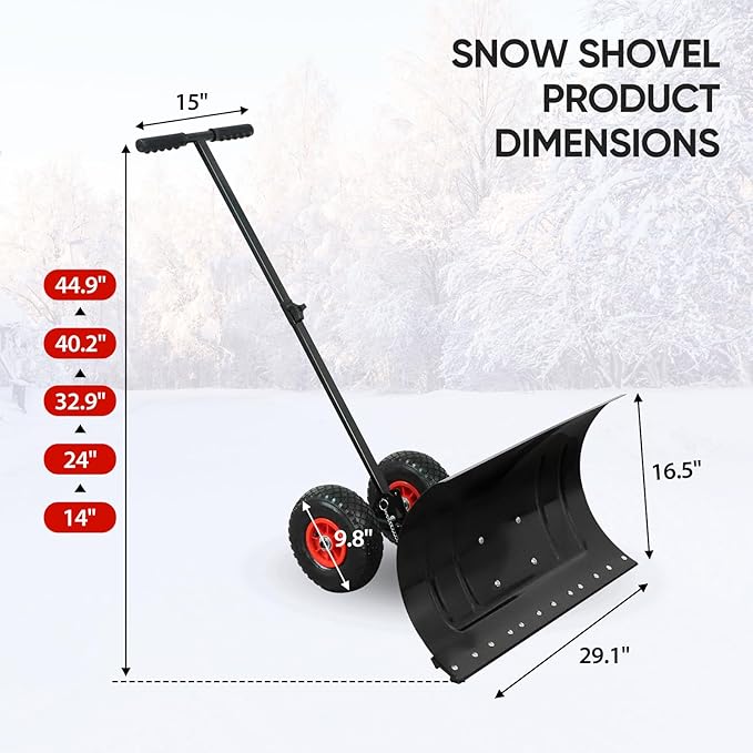 EAGLE PEAK Wheeled Snow Shovel for Driveway, Personal Snow Pusher with Wheels, Adjustable Plow Angle, Ergonomic Handle, Heavy Duty 29.1”x16.5” Blade, Single Rod Plow Shovel, Black