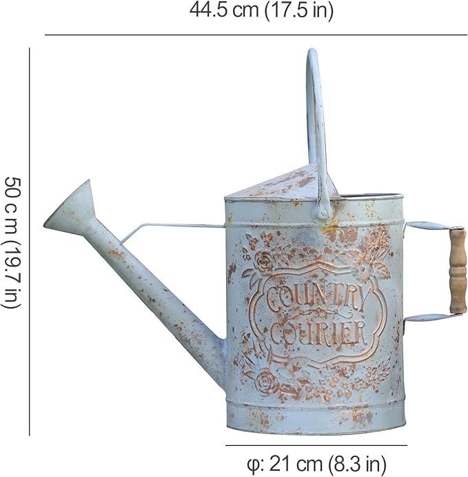 Vintage Metal Watering Can with Country Corner Floral Emboss & Wooden Handle Garden Distressed Blue Decorative Watering Pot Farmhouse Waterer for Home Garden Balcony Courtyard 2 Gallon