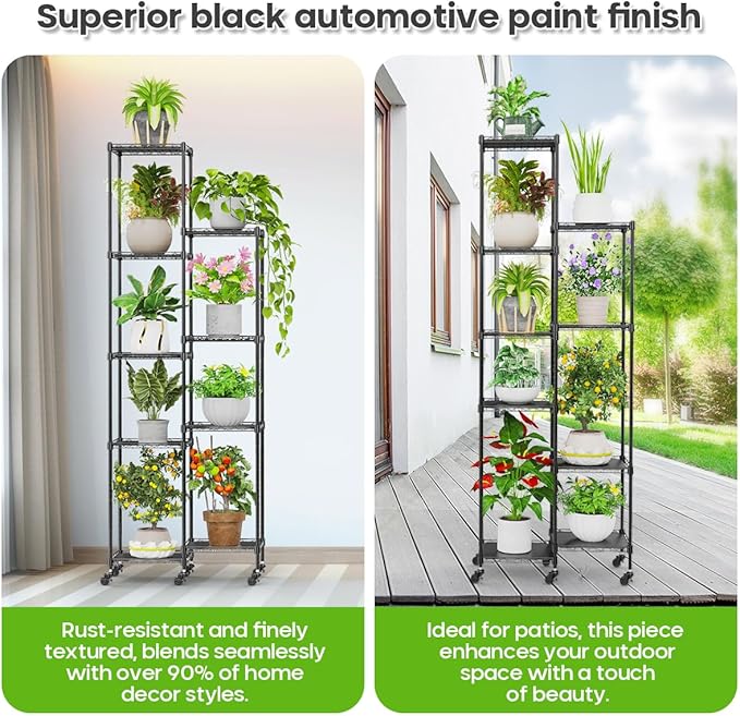 Abimars 74'' Tall Plant Stand with Wheels, Shelf Height Adjustable Metal Plant Shelf for 9 Potted Plants, DIY Assembly Indoor & Outdoor Plant Display Rack