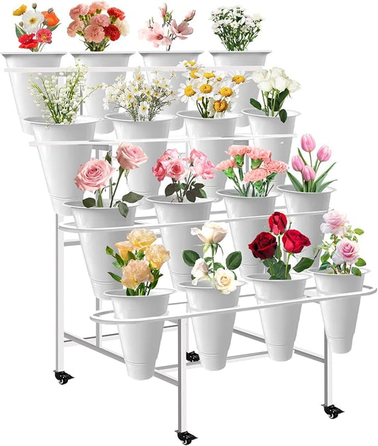 Floral Display Stand with 16 White Flower Baskets 4-Layers Cart Display Stand with Wheels ,Sturdy Mobile Flower Bouquet Rack for Courtyard, Garden, Flower Shop, with Lockable Rotating Wheels (White)