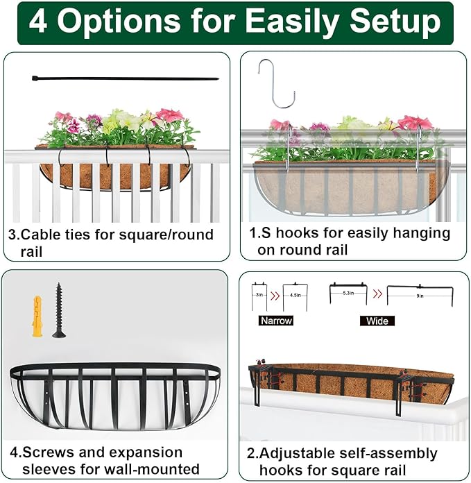 2 Pack 36" Railing Planter Window Box with Coco Fiber Liner Horse Trough Planter The Railing Planter Boxes for Deck Porch Fence Outdoor