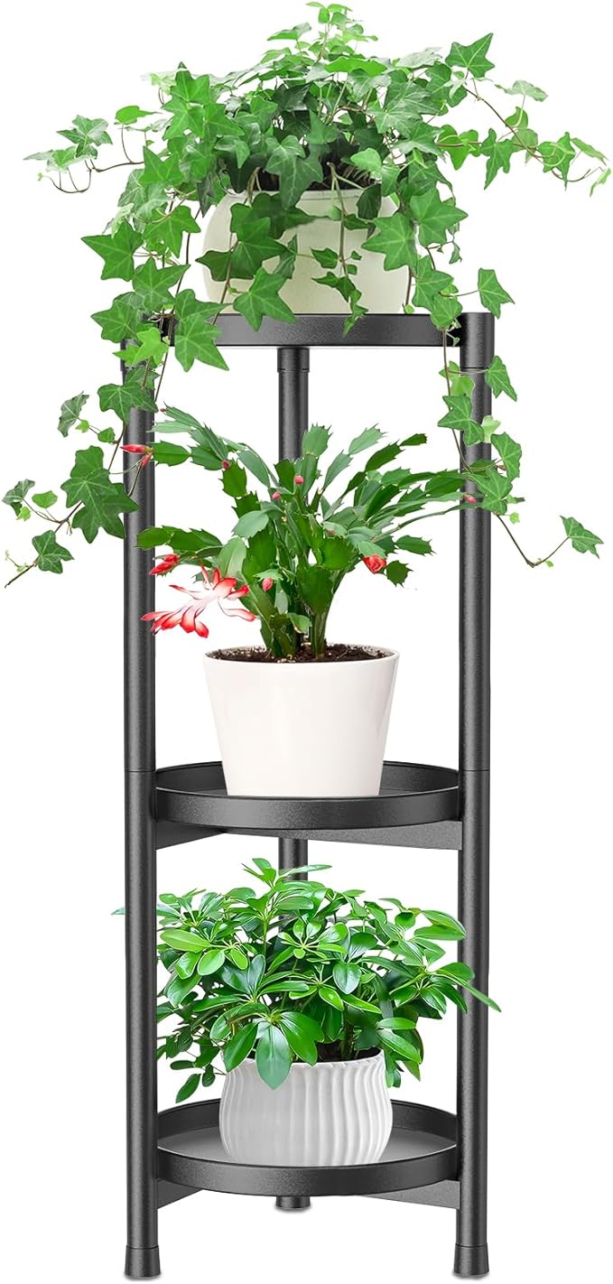 3 Tiered Plant Stand Indoor Outdoor, Metal Corner Plant Stand Plant Shelf Tables, Heavy Duty Flower Shelf Display Rack for Indoor Living Balcony Patio Garden Bedroom Classroom, Black (Black-A)