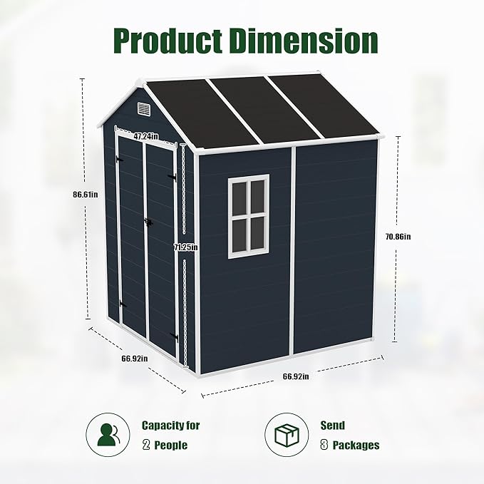 Resin Storage Shed 6x6ft, Outdoor Storage Sheds with Floor, Window, Lockable Doors and Vents, 12mm Thick pp Board, Tool Shed for Bike, Garden, Backyard, Lawn (Dark Gray, 6 * 6ft)