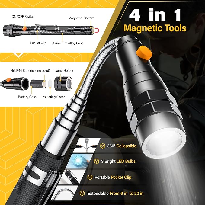 Magnetic Pickup Tool Set with 15lb&1lb Pick Up Rod, Round&Square 360 Swivel Adjustable Inspection Mirror, Telescoping Flexible Flashlight, Christmas Gifts Stocking Stuffers For Men, Dad, Husband