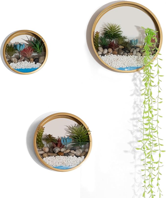 Gold Metal Wall Planter Set of 3, Indoor Metal Hanging Planter with 10Pcs Artificial Succulents Wall Decor Round Succulent Planters Air Plant Pots Container for Cactus Home Office Decor