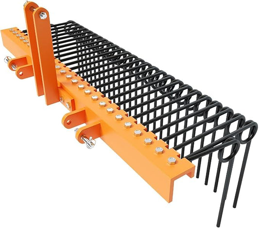 72" 3-Point Tractor Landscape Rake, Pine Straw & Yard Waste Cleaner, Cat 0/1 Hitch Compatible, Powder Coated Steel Blades, Orange