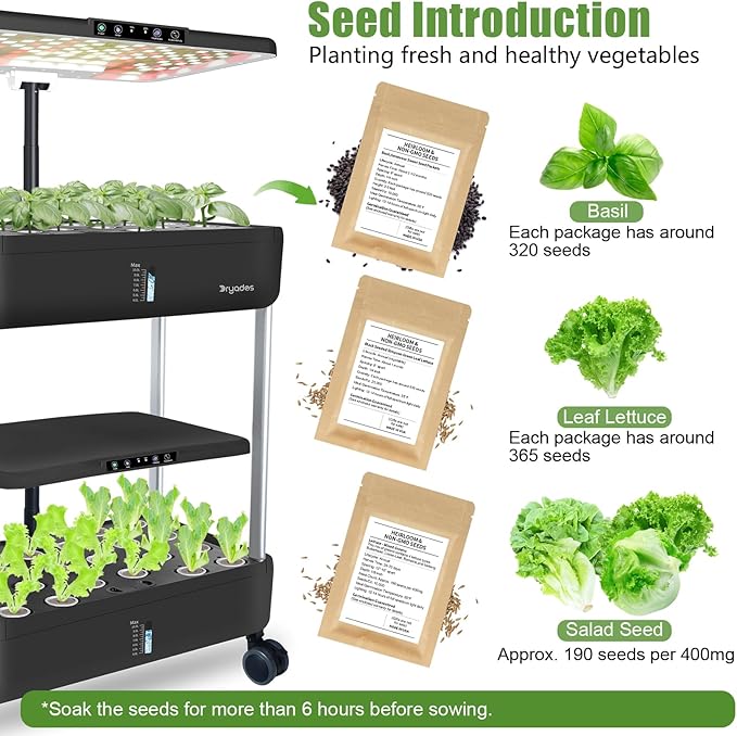 44-Pod Indoor Hydroponic Growing System + 3 Free Seeds Starter Kit (Lettuce, Salad Mixed, Basil Seeds) – Dual 53W Full-Spectrum LED, 10-L Water Tank, 2-Tier Grow Pods (44 Pods)