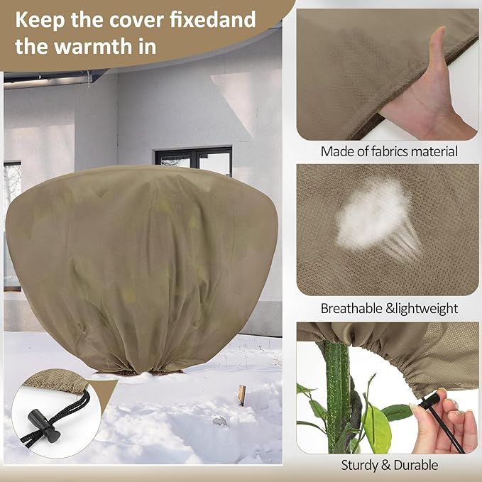 6 Pcs Winter Plant Covers Freeze Protection 39.4x23.6 Inch Horizontal Shrub Tree Rose Plant Protection Bags Frost Blanket with Drawstring for Fall Winter Outdoor Garden Planting (Brown)