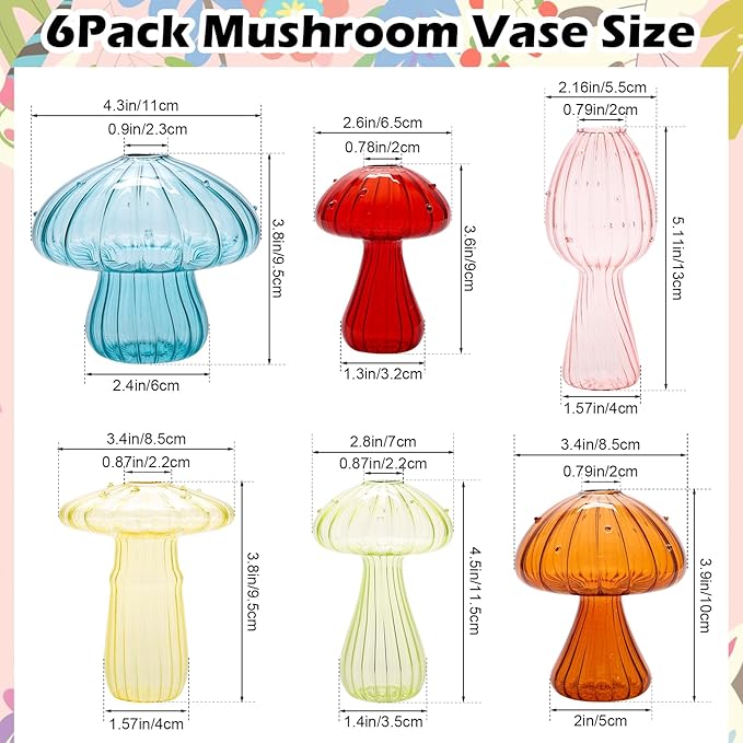 Mushroom Vase, Set of 6 Colored Glass Mushroom Propagation Vases for Plants, Mini Cute Flower Terrarium for Women Home Office Indoor Decor