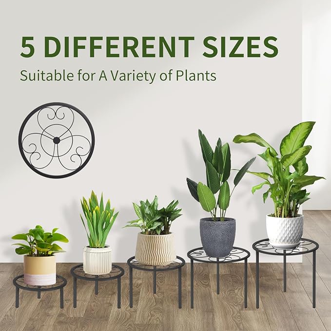 5-piece set of metal plant potted flower racks, heavy-duty flower pot plant racks of different sizes, iron flower racks, suitable for indoor and outdoor home decoration (Black)
